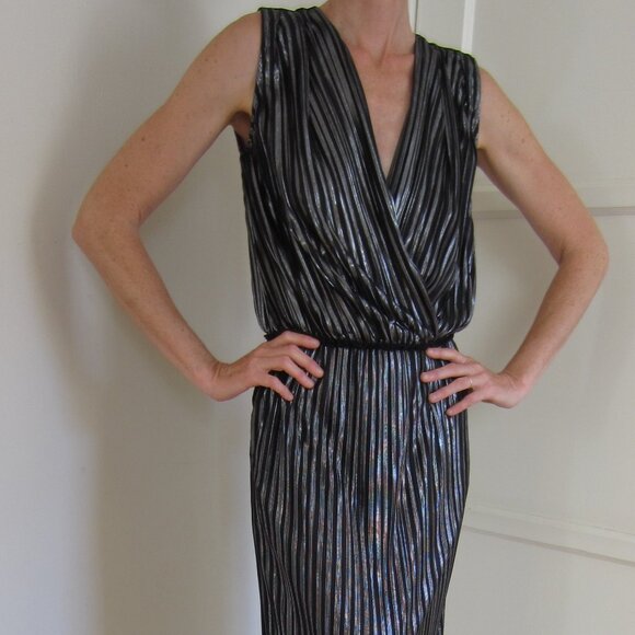 L’agence Maxi Dress S Black Metalic Shiny Open V Neck Neck Leg Slit Classy Glam - Picture 9 of 15